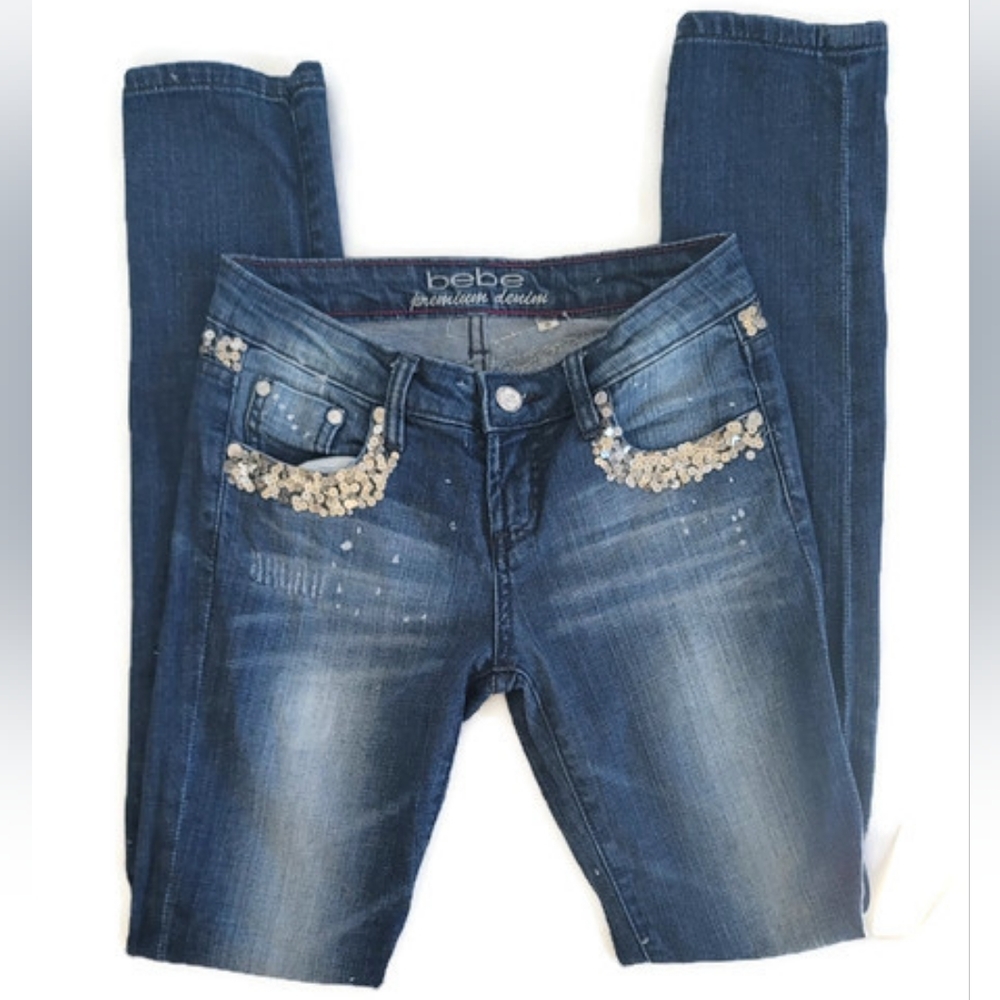 Bebe Y2K Sequin Bleach Dye Distressed Straight Leg Jeans Women's Size 25